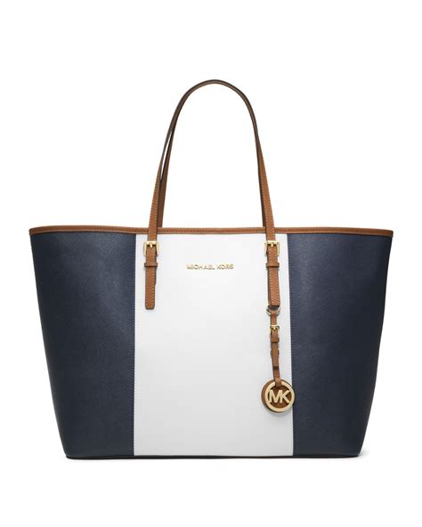 navy blue brown trim and straps michael kors bag|Michael Kors blue tote bag.